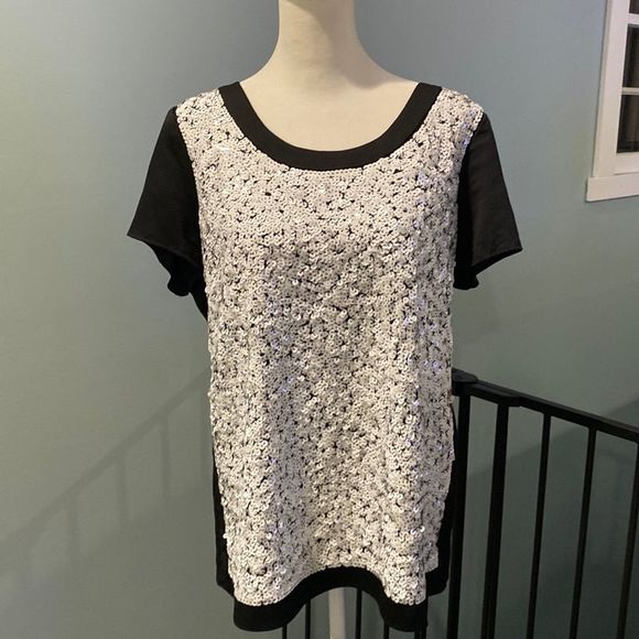 Ann Taylor Black Top covered in White Sequins - Picture 5 of 14